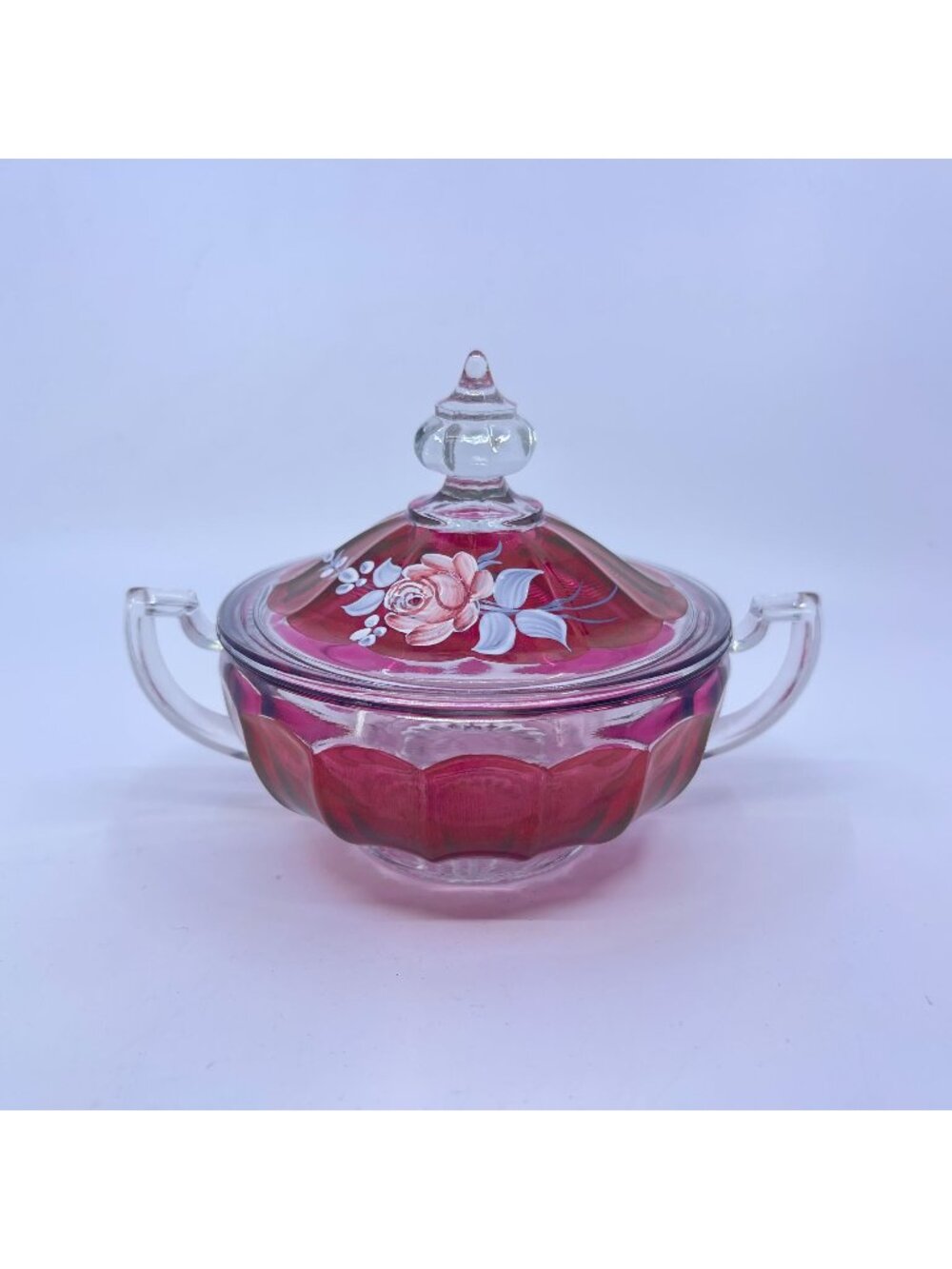 vintage westmoreland ruby red flash glass sugar bowl  hand-painted rose motif
